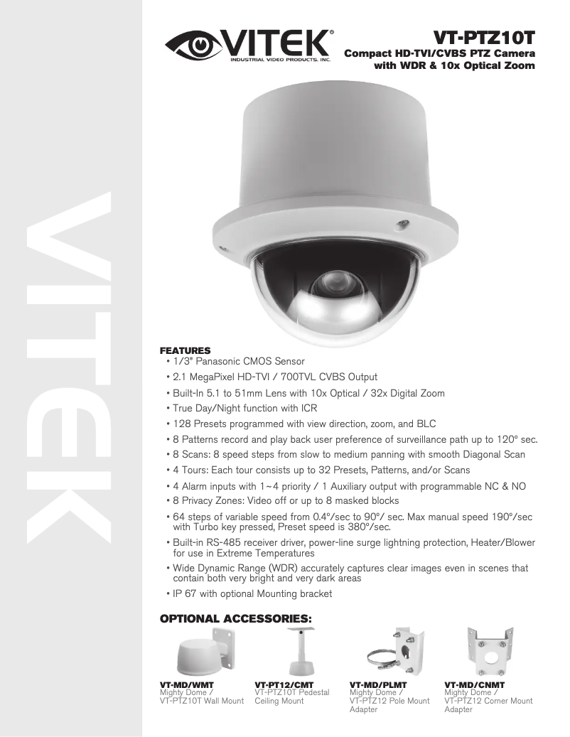 Page 1 de la notice Manuel utilisateur Vitek VT-PTZ10T