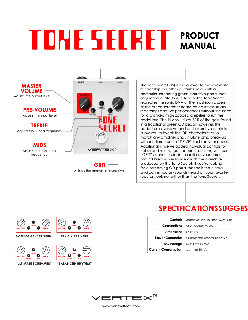 Page n°1 - Manuel utilisateur Vertex Tone Secret