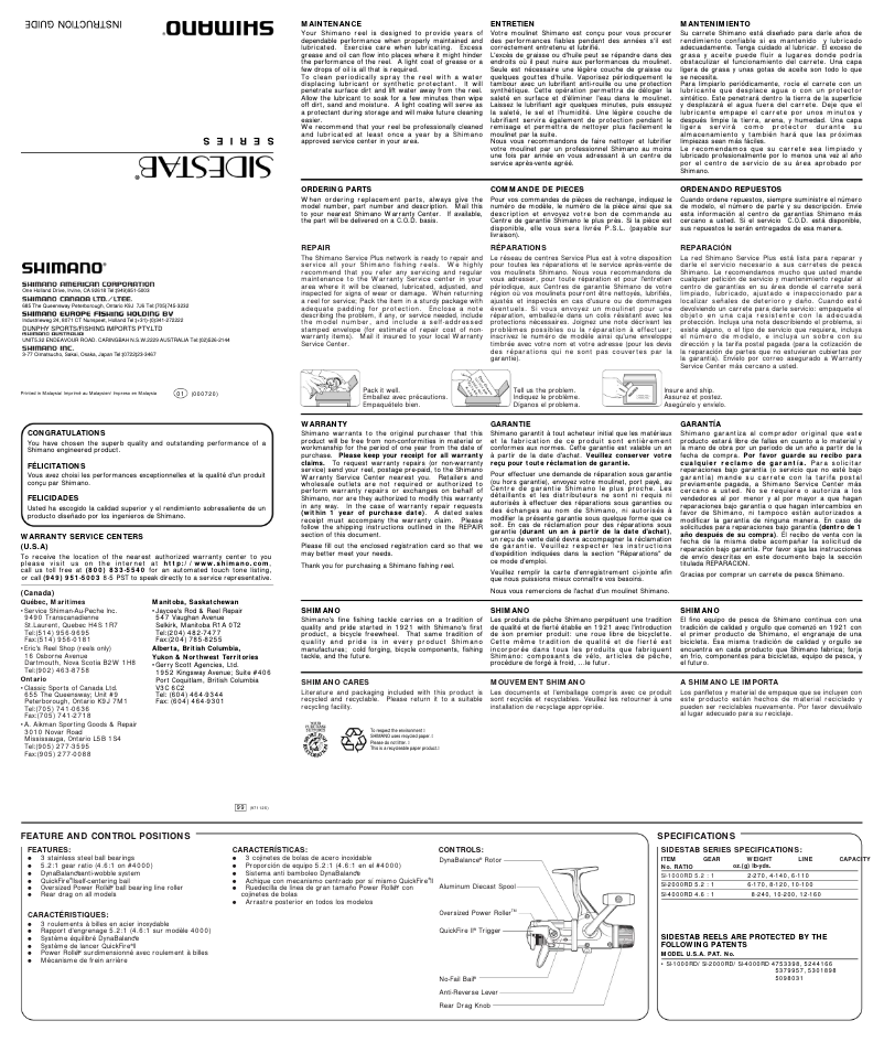 Page 1 de la notice Manuel utilisateur Shimano Sidestab 1000RD