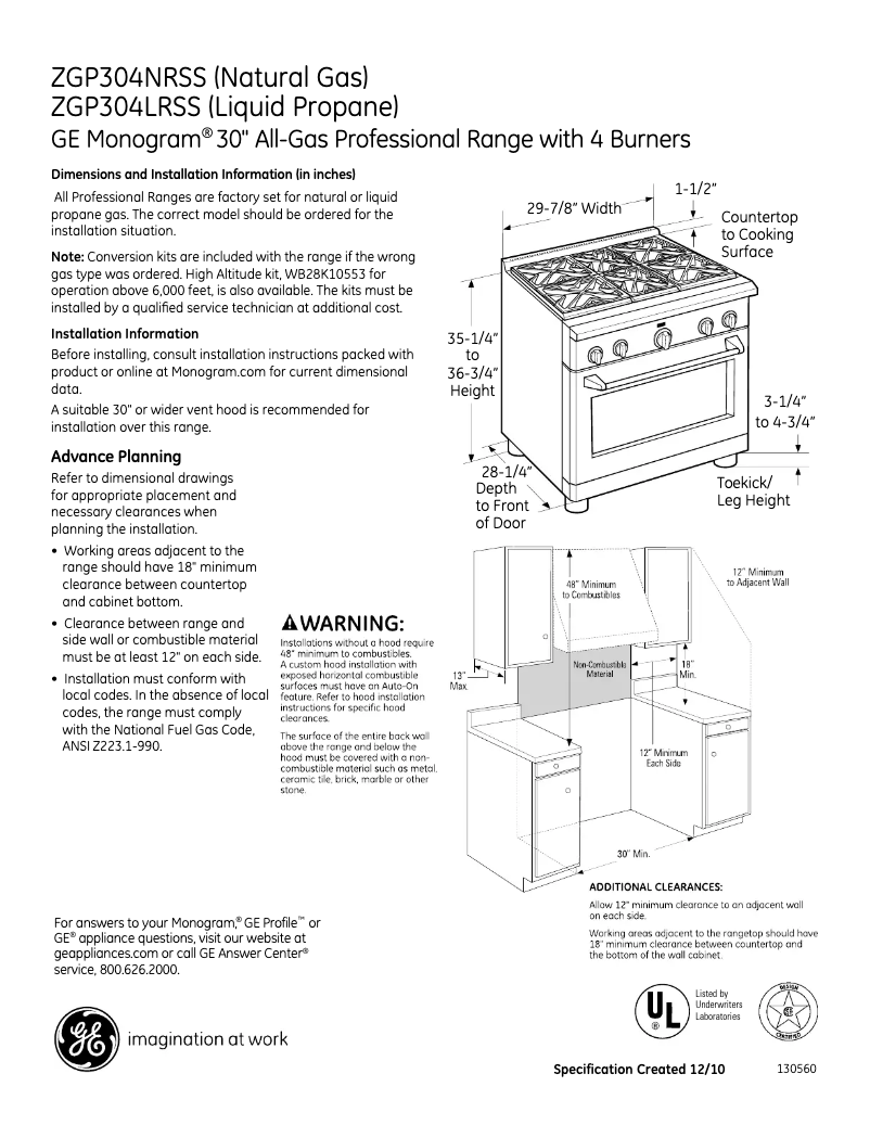 Page 1 de la notice Fiche technique Monogram ZGP304LRSS