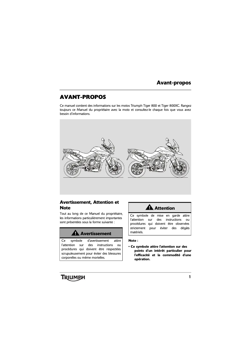 Page 1 de la notice Manuel utilisateur Triumph Tiger 800 (2011)