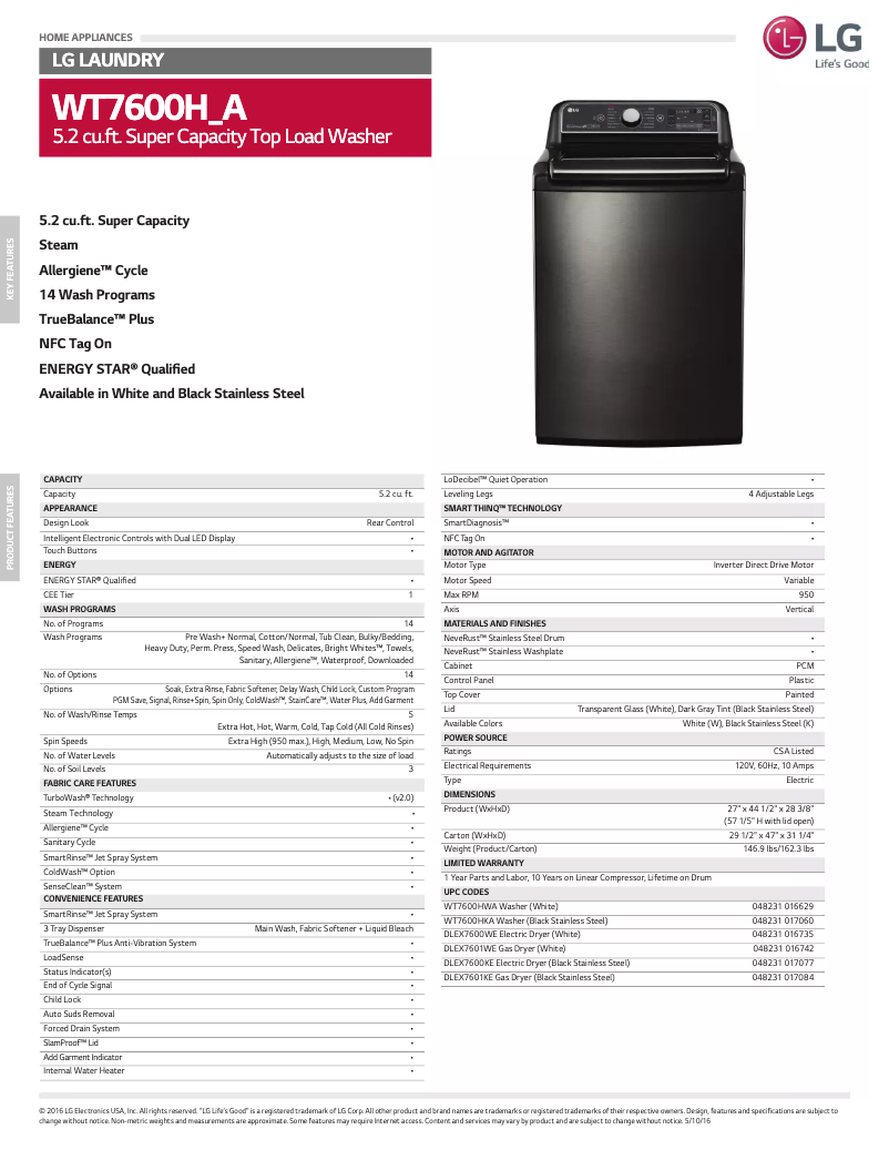 Página 1 del manual Ficha técnica LG WT7600H