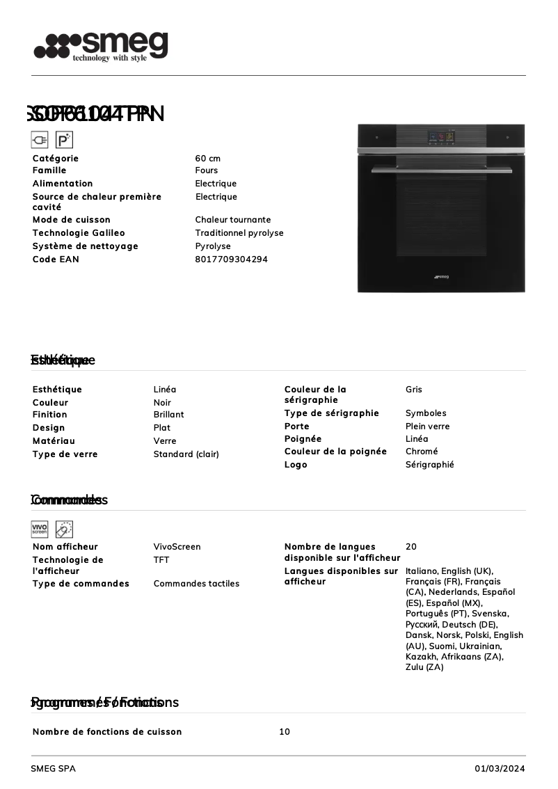Page 1 de la notice Fiche technique Smeg SOP6104TPN