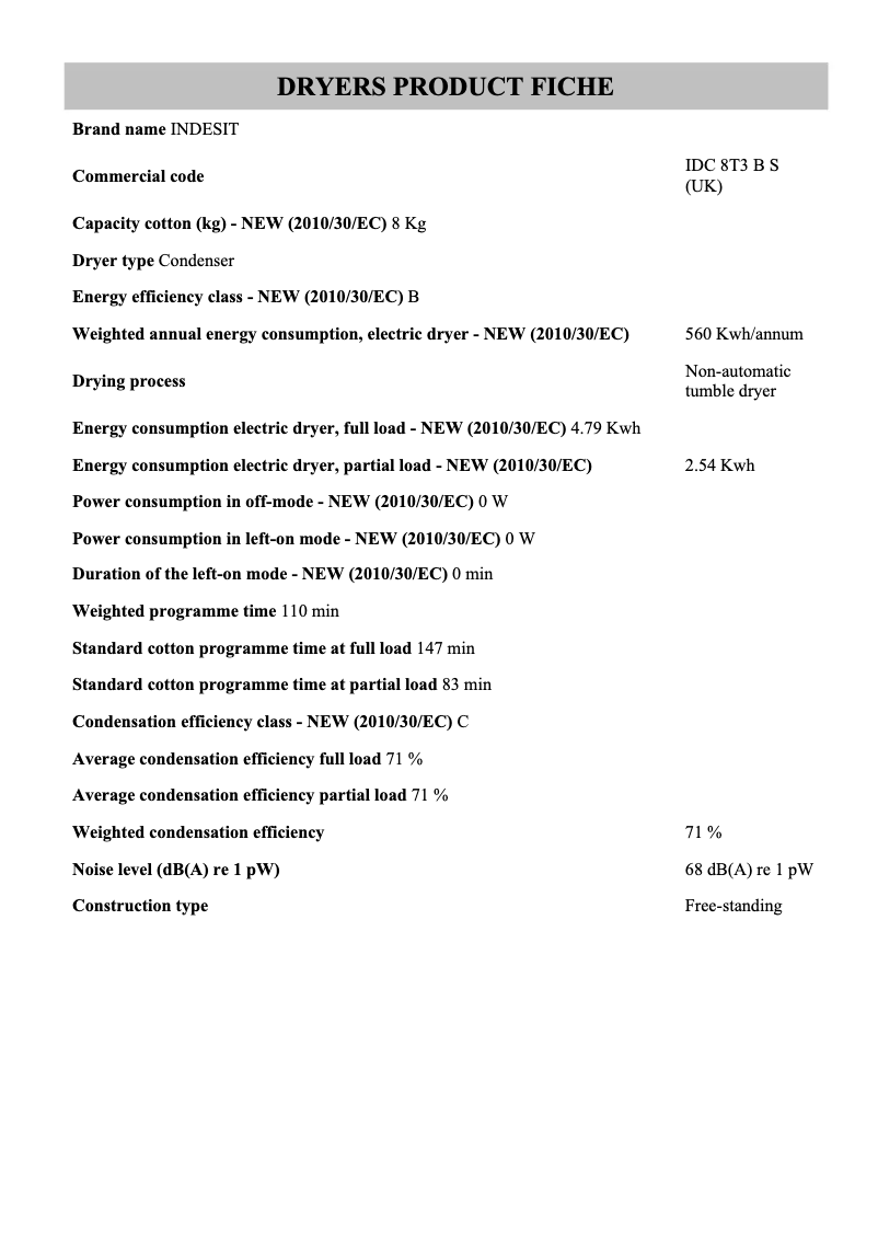 Page 1 de la notice Fiche technique Indesit IDC 8T3 B S (UK)