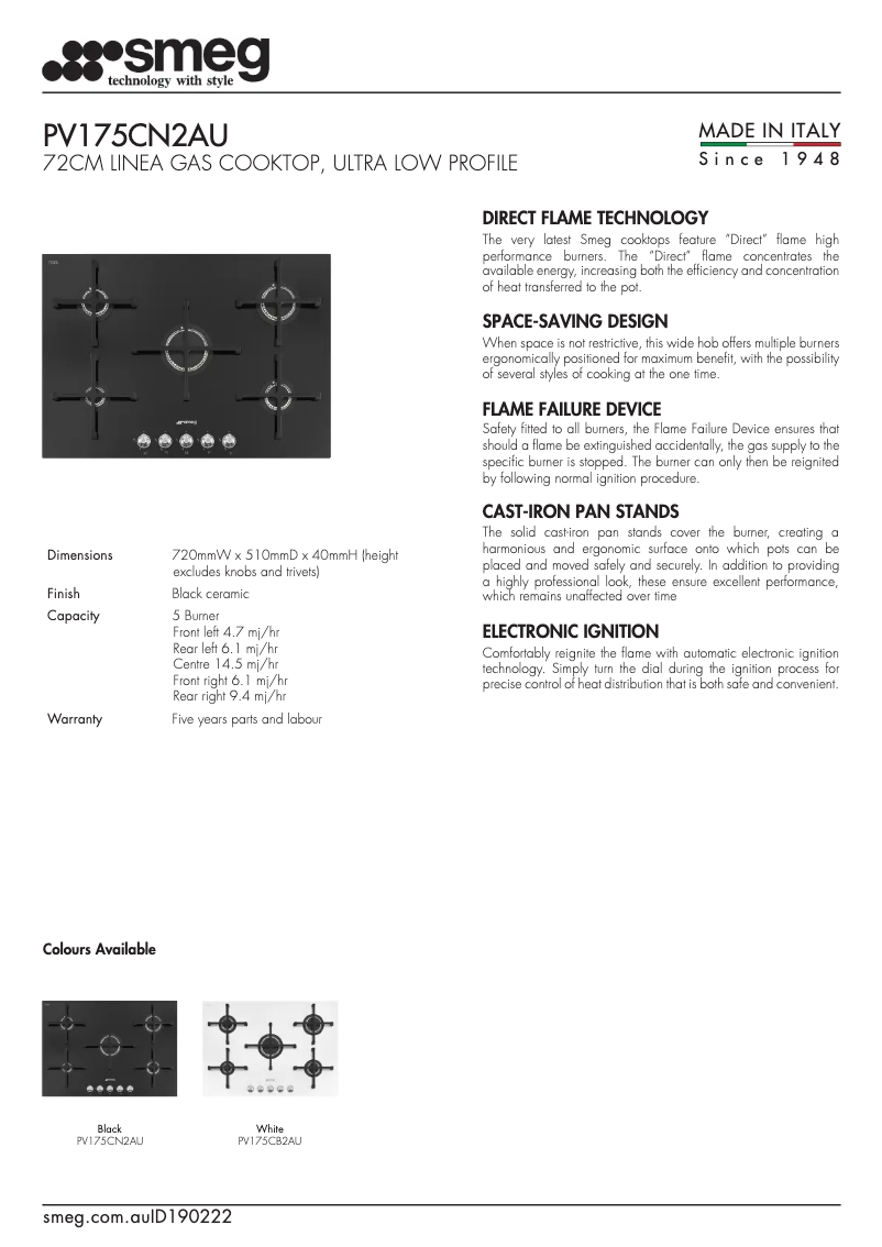 Page 1 de la notice Fiche technique Smeg PV175CN