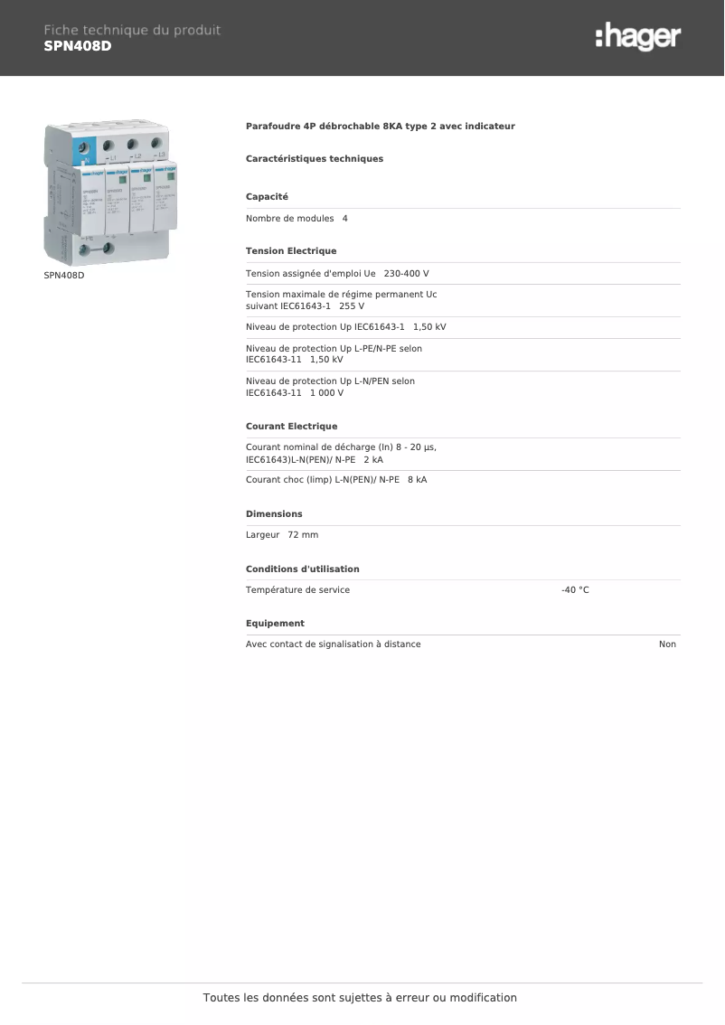 Page 1 de la notice Fiche technique Hager SPN408D