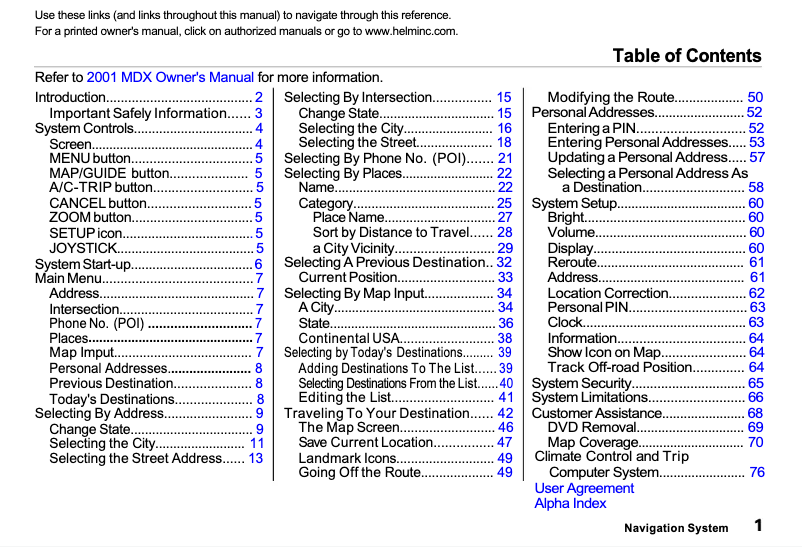 Page 1 de la notice Manuel utilisateur Acura MDX (2001)
