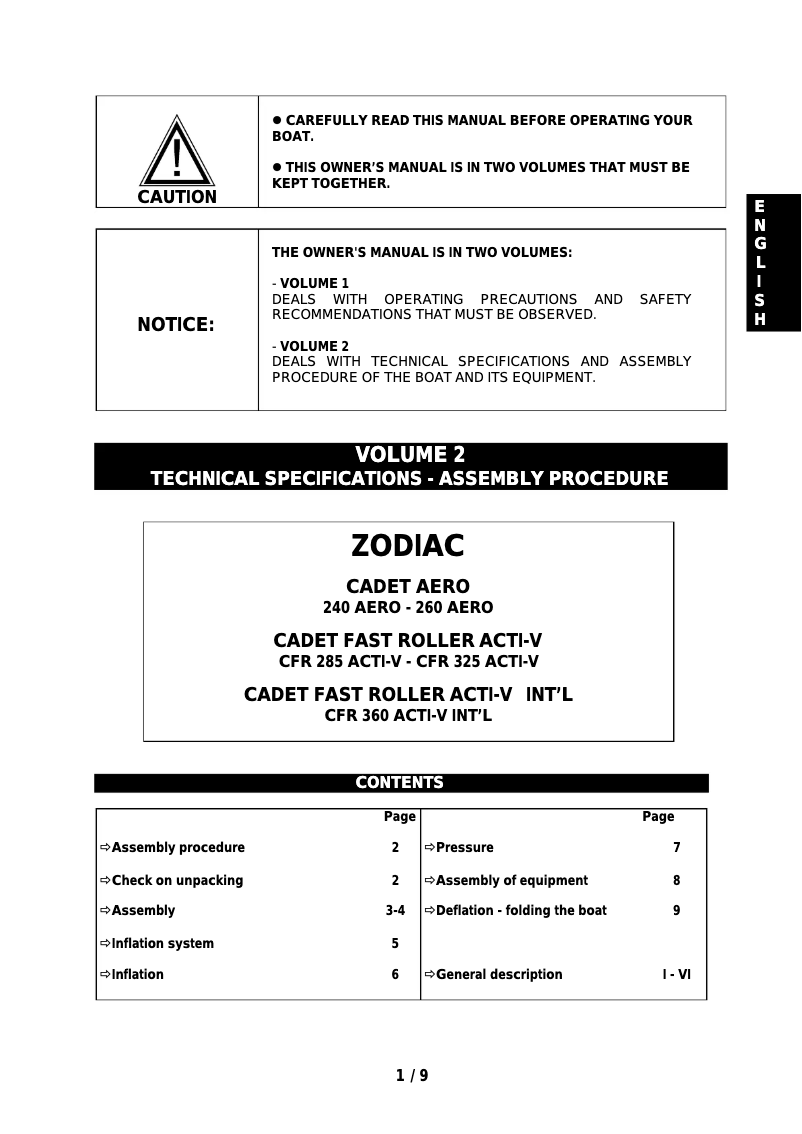 Page 1 de la notice Manuel utilisateur Zodiac Cadet 260 Aero