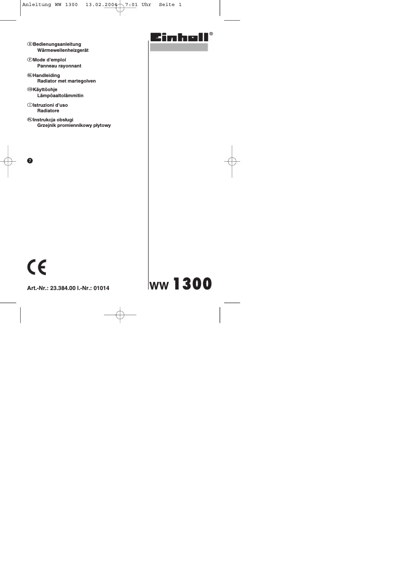 Page n°1 - Manuel utilisateur Einhell WW 1300