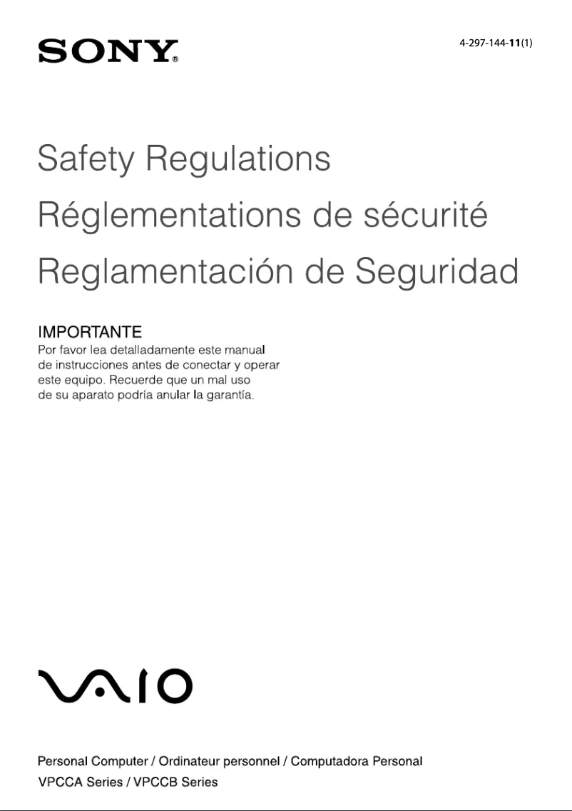 Page 1 de la notice Instructions de sécurité Sony Vaio VPCCA390L