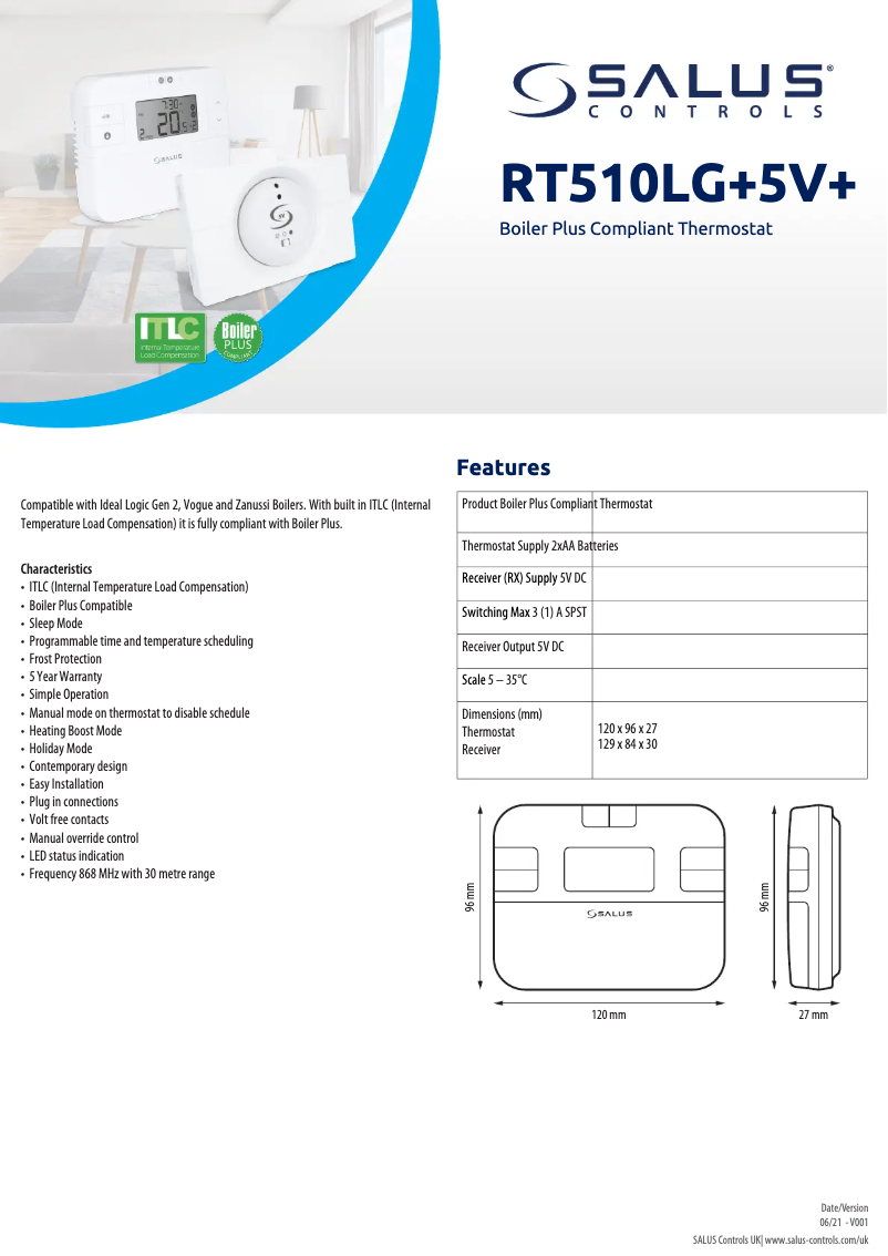 Page 1 de la notice Fiche technique Salus RT510BC+