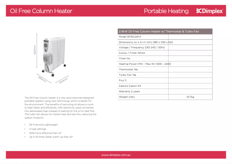 Page 1 de la notice Fiche technique Dimplex OFRC24FA