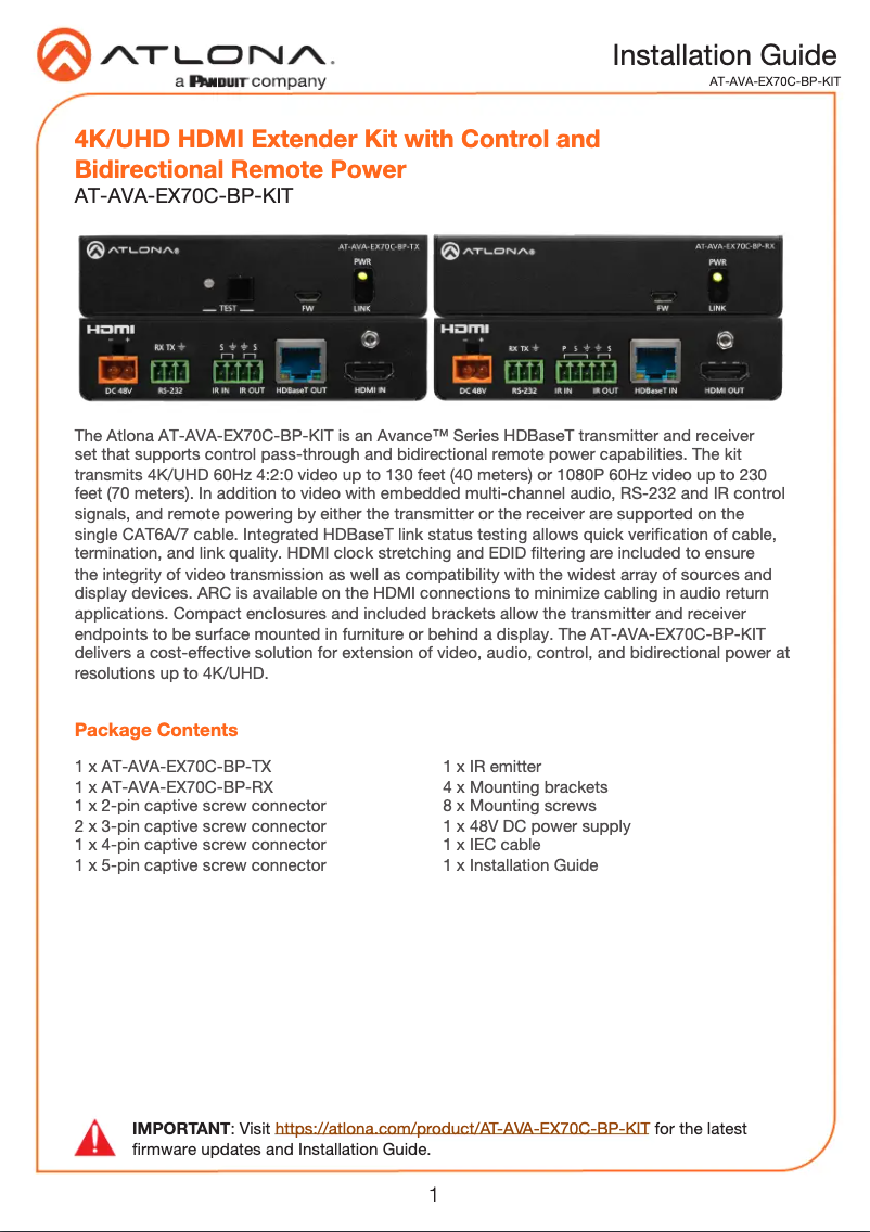 Page n°1 - Manuel utilisateur Atlona AT-AVA-EX70C-BP-KIT