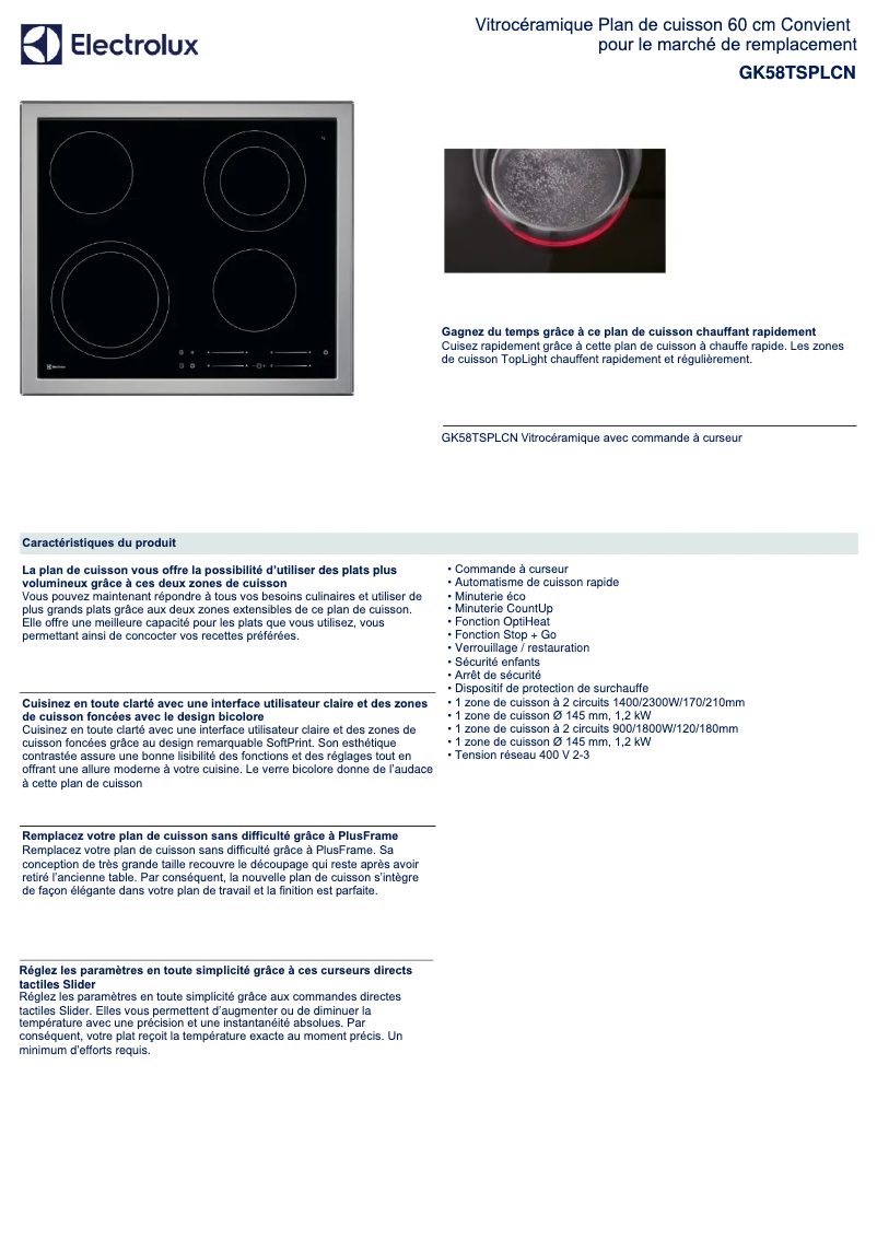 Page 1 de la notice Fiche technique Electrolux GK58TSPLCN