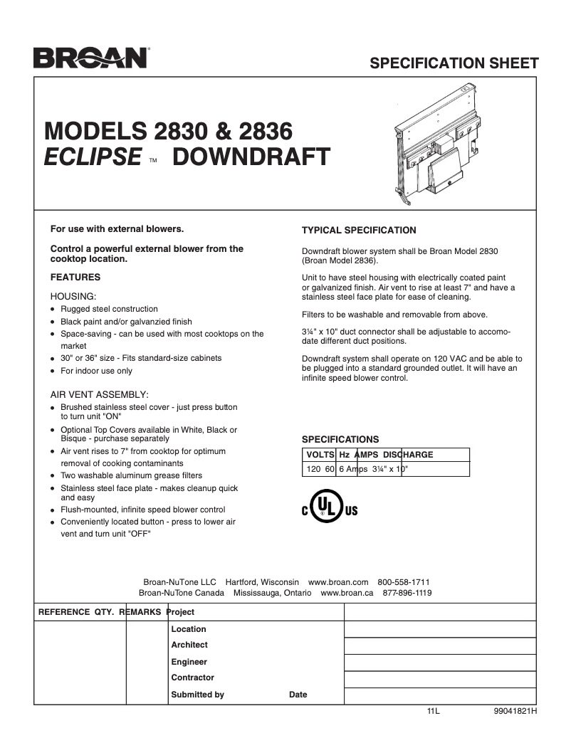 Page n°1 - Fiche technique Broan 283003