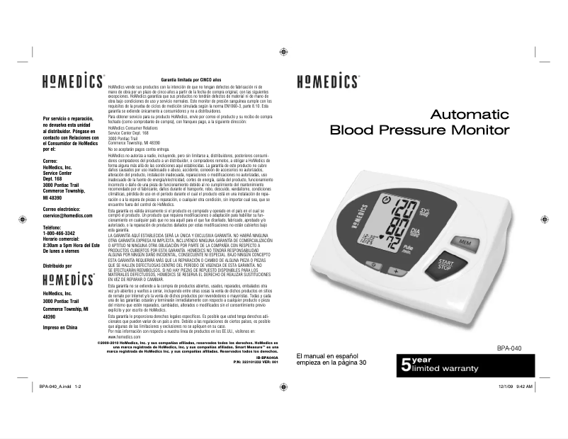 Page 1 de la notice Manuel utilisateur Homedics BPA-040