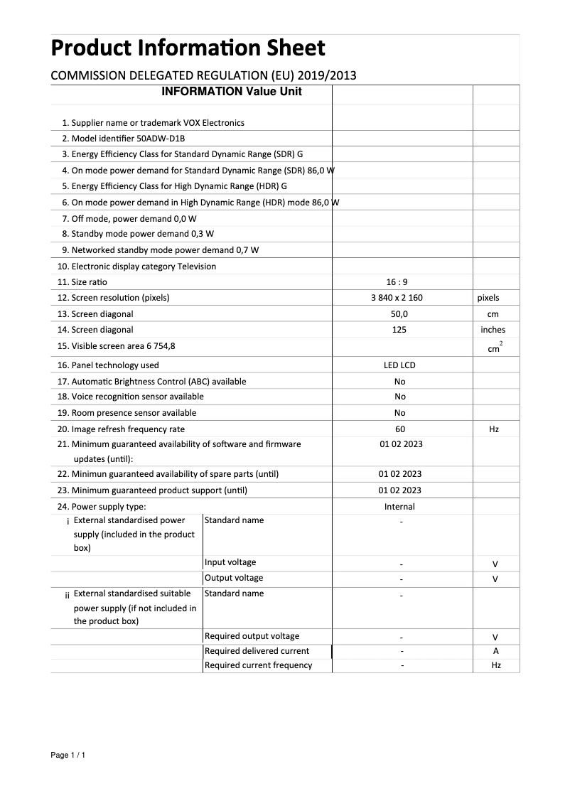 Page 1 de la notice Manuel utilisateur VOX 50ADW-D1B
