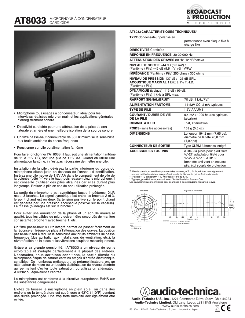 Page 1 de la notice Fiche technique Audio-Technica AT8033