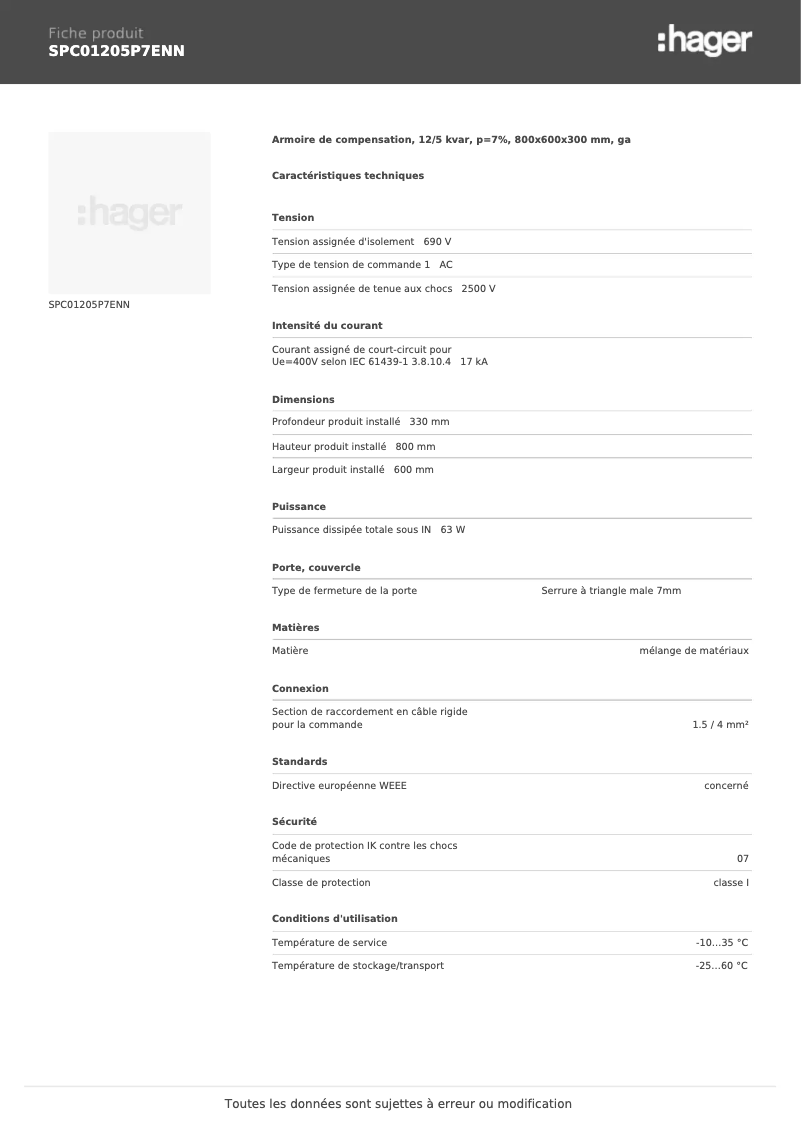 Page n°1 - Fiche technique Hager SPC01205P7ENN