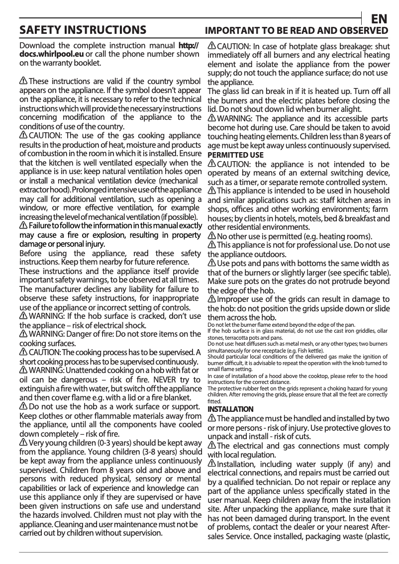Page n°1 - Manuel utilisateur Whirlpool GOS 6415/NB1