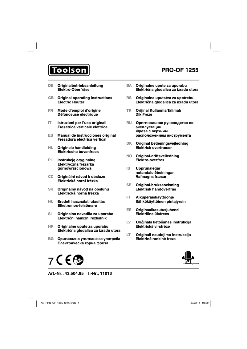 Page 1 de la notice Manuel utilisateur Toolson PRO-OF 1255