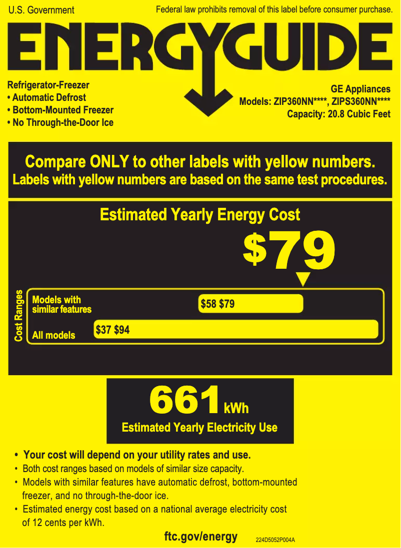 Page 1 de la notice Label énergétique Monogram ZIP360NN