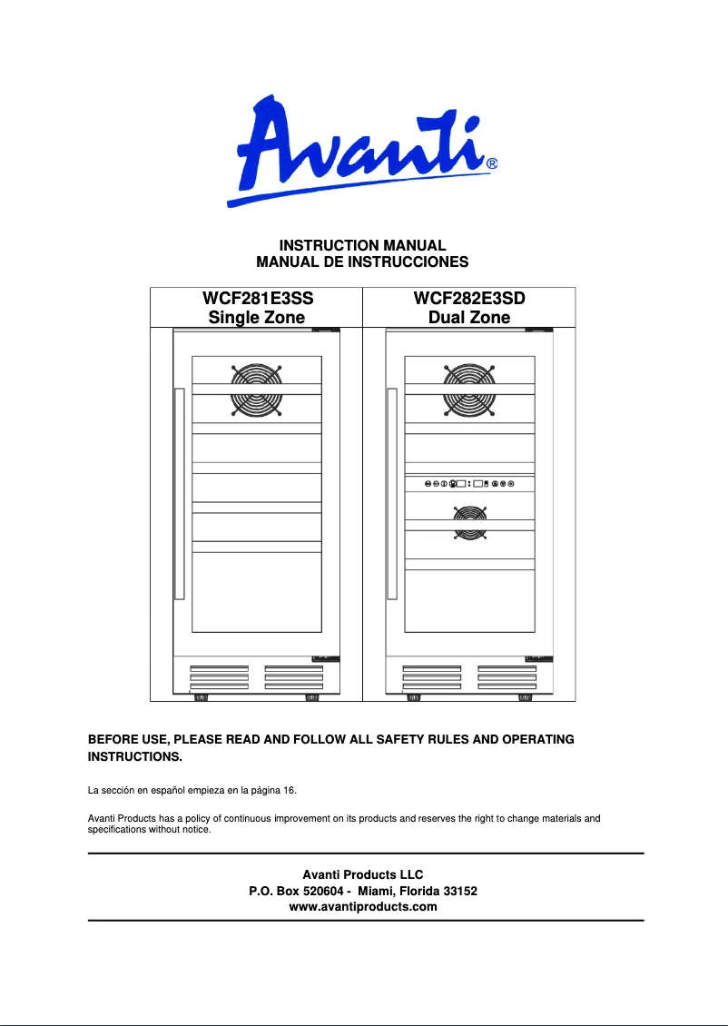 Page 1 de la notice Manuel utilisateur Avanti WCF281E3SS
