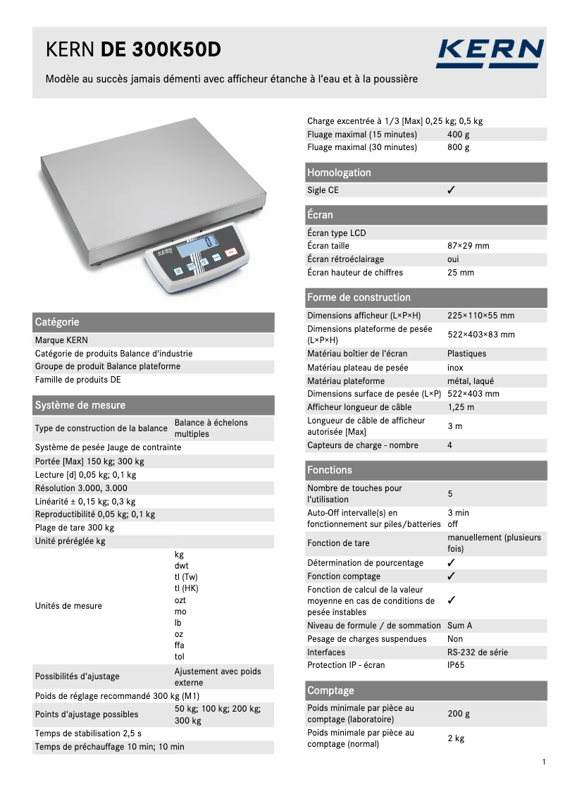 Page 1 de la notice Fiche technique Kern DE 300K50D