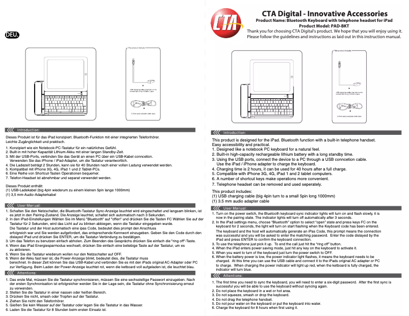 Page 1 de la notice Manuel utilisateur CTA Digital PAD-BKT