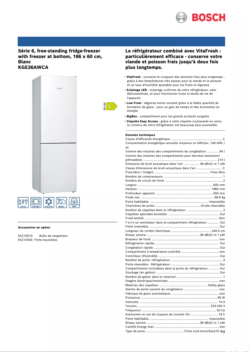 Page 1 de la notice Fiche technique Bosch KGE36AWCA