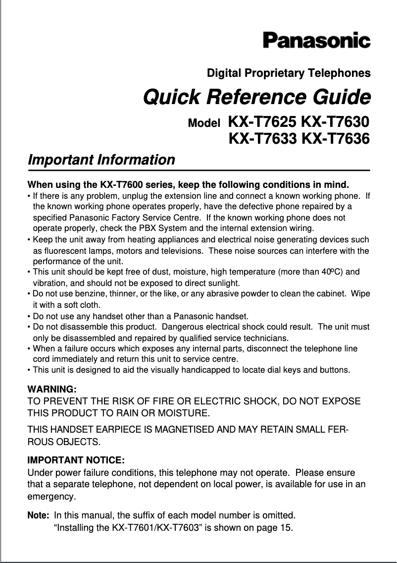 Page 1 de la notice Manuel utilisateur Panasonic KX-T7636
