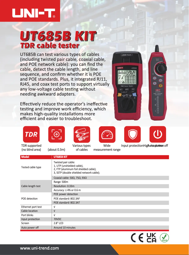 Page 1 de la notice Fiche technique Uni-T UT685B KIT