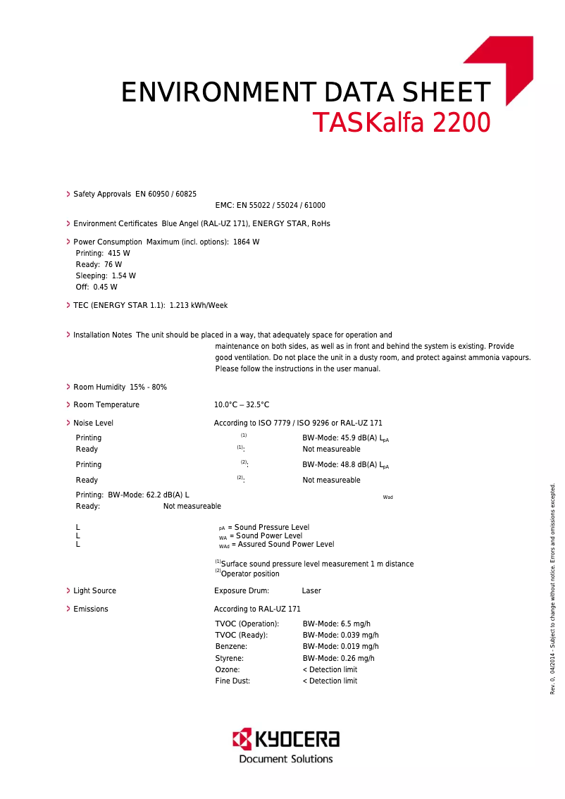 Page 1 de la notice Fiche technique Kyocera TASKalfa 2200