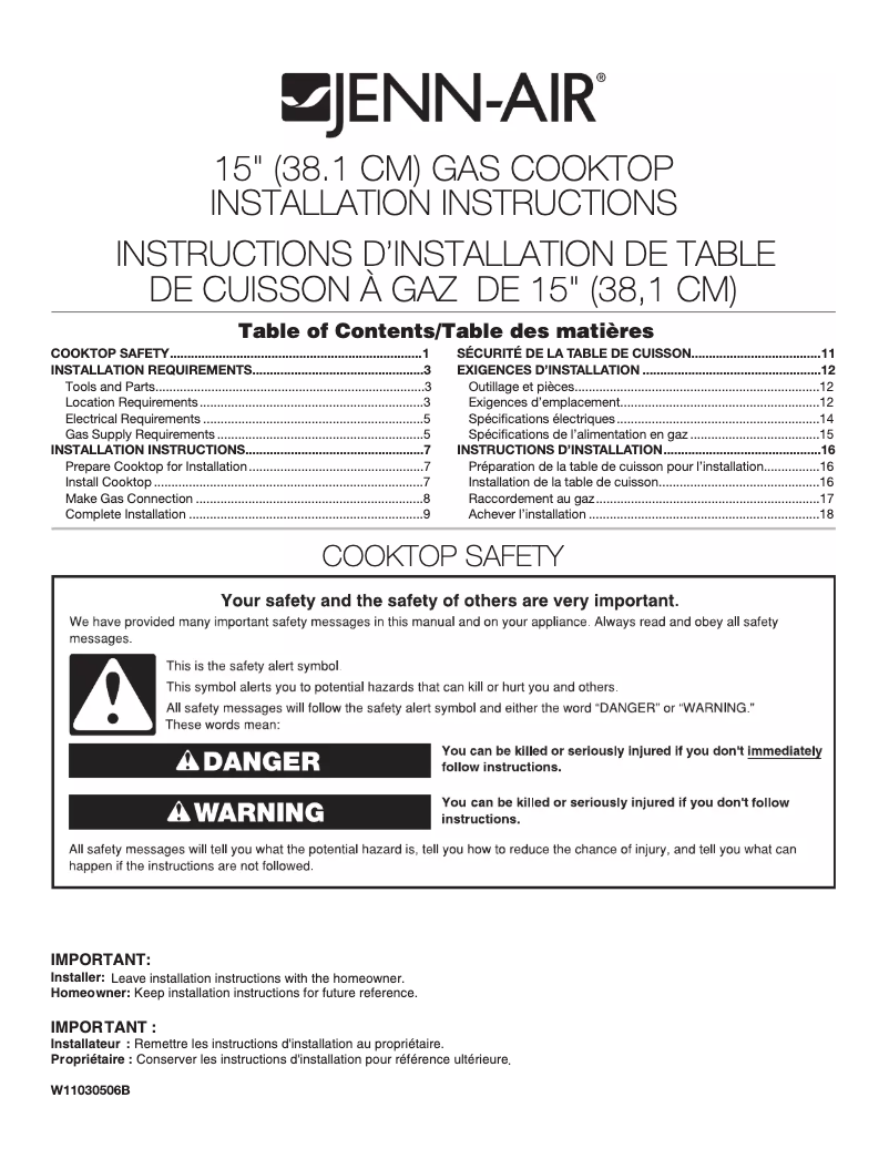 Page 1 de la notice Guide d'installation JennAir JGC3115GS