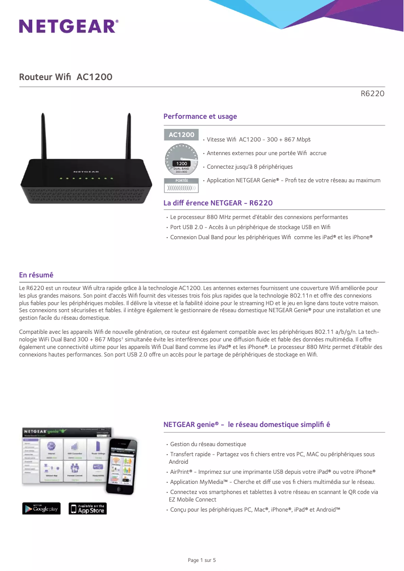 Page 1 de la notice Fiche technique Netgear R6220