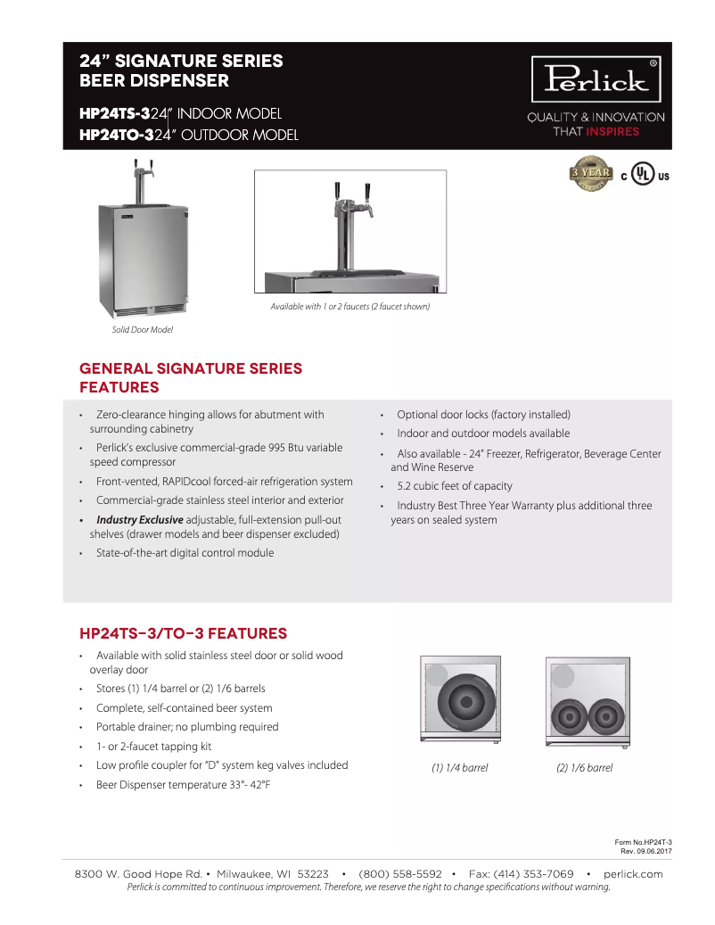 Página 1 del manual Ficha técnica Perlick HP24TS32L2