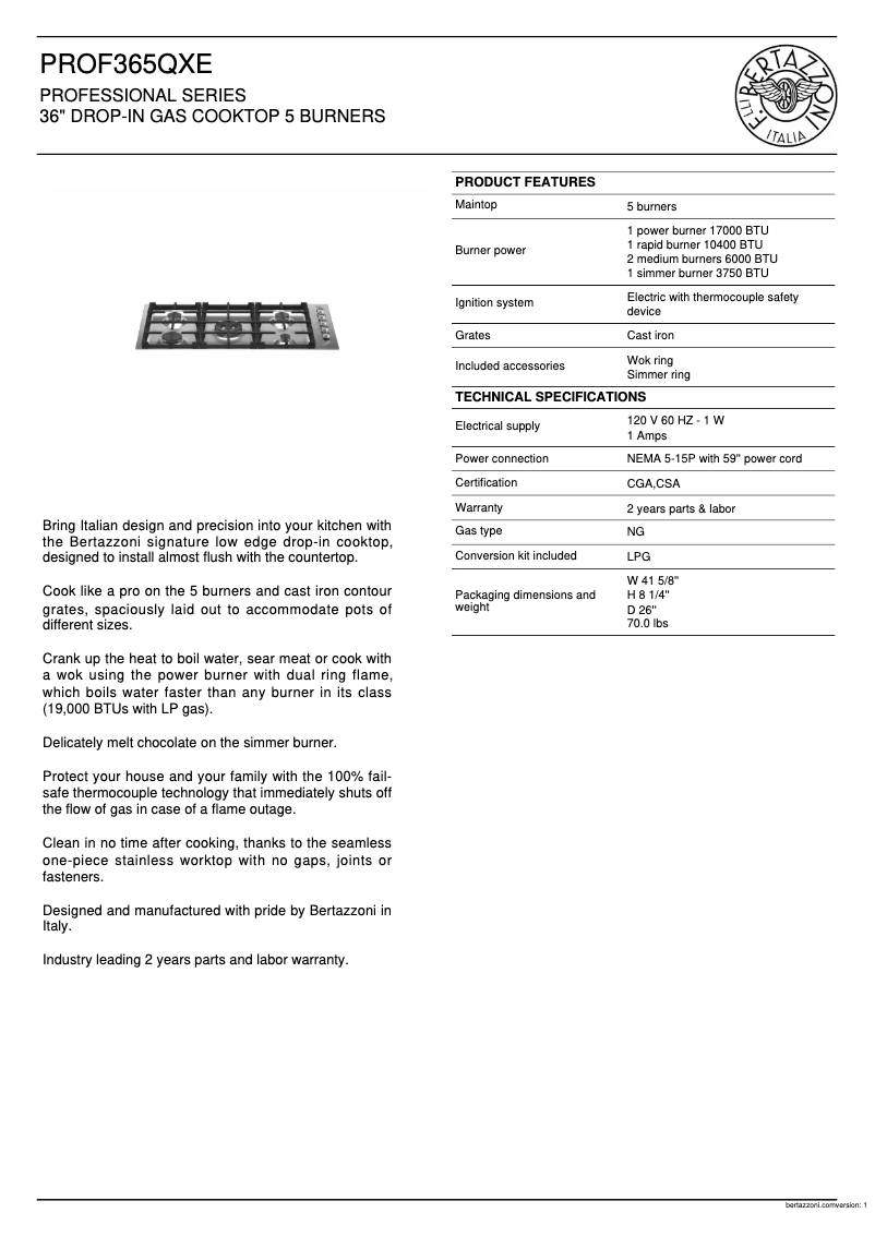 Page 1 de la notice Fiche technique Bertazzoni PROF365QXE