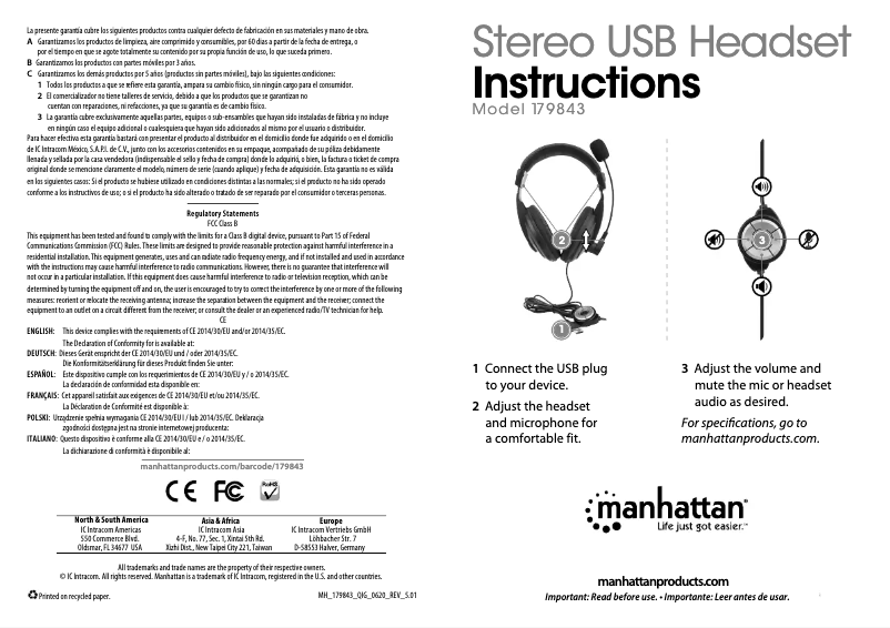 Page 1 de la notice Mode d'emploi Manhattan Stereo USB Headset 179843