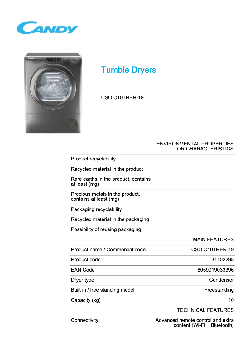 Page 1 de la notice Fiche technique Candy CSO C10TRER-19