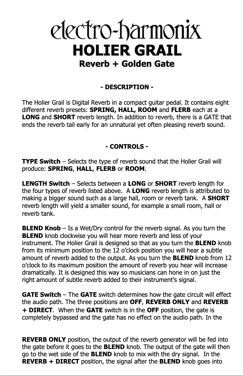 Page 1 de la notice Manuel utilisateur Electro Harmonix HOLIER GRAIL