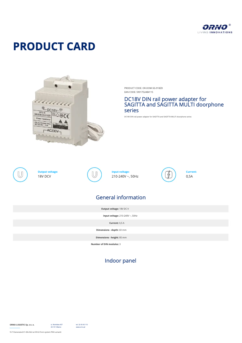 Page 1 of the manual Technical Sheet ORNO OR-DOM-SG-918
