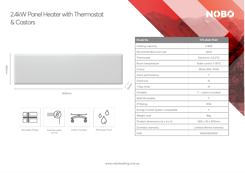 Page 1 de la notice Fiche technique Nobo NTL4S24-FS40