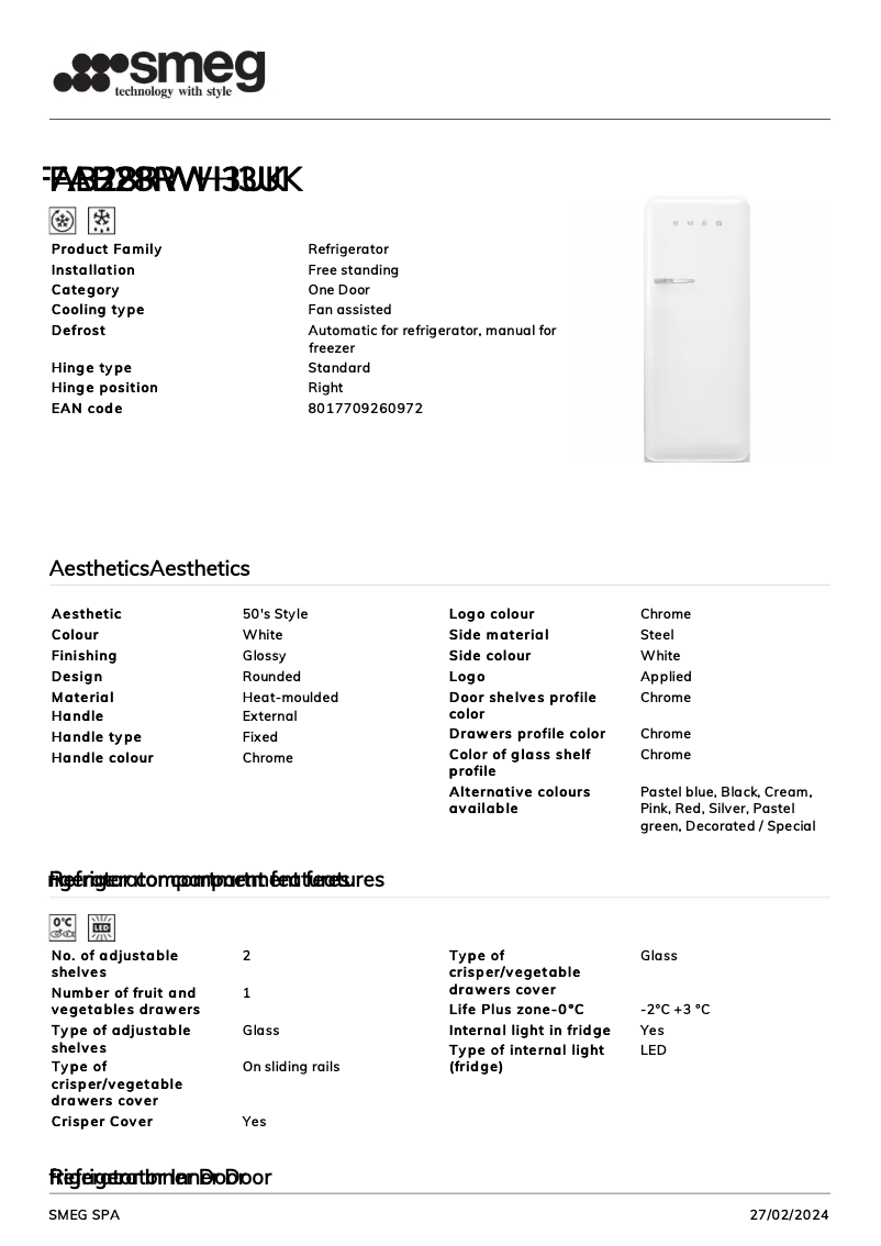 Page 1 de la notice Fiche technique Smeg FAB28RWH3UK