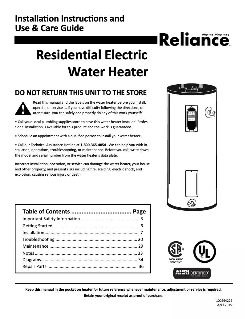 Page 1 de la notice Instructions / montage Reliance 1240EGRT