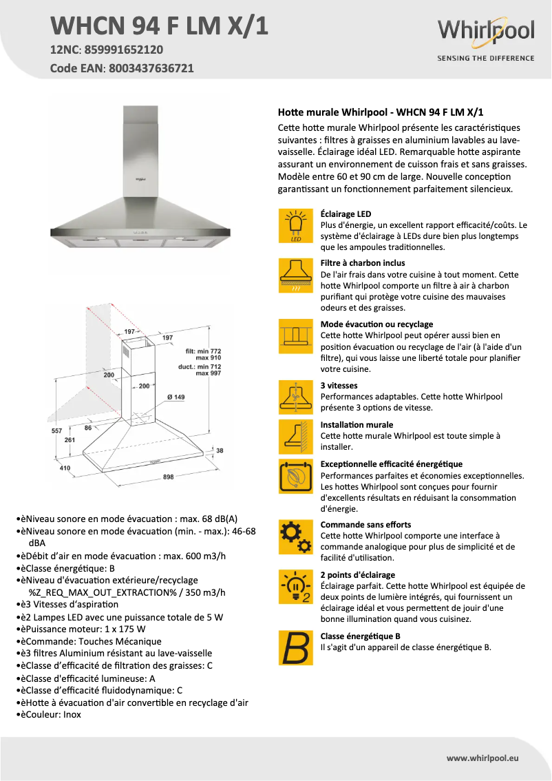 Page n°1 - Fiche technique Whirlpool WHCN 94 F LM X