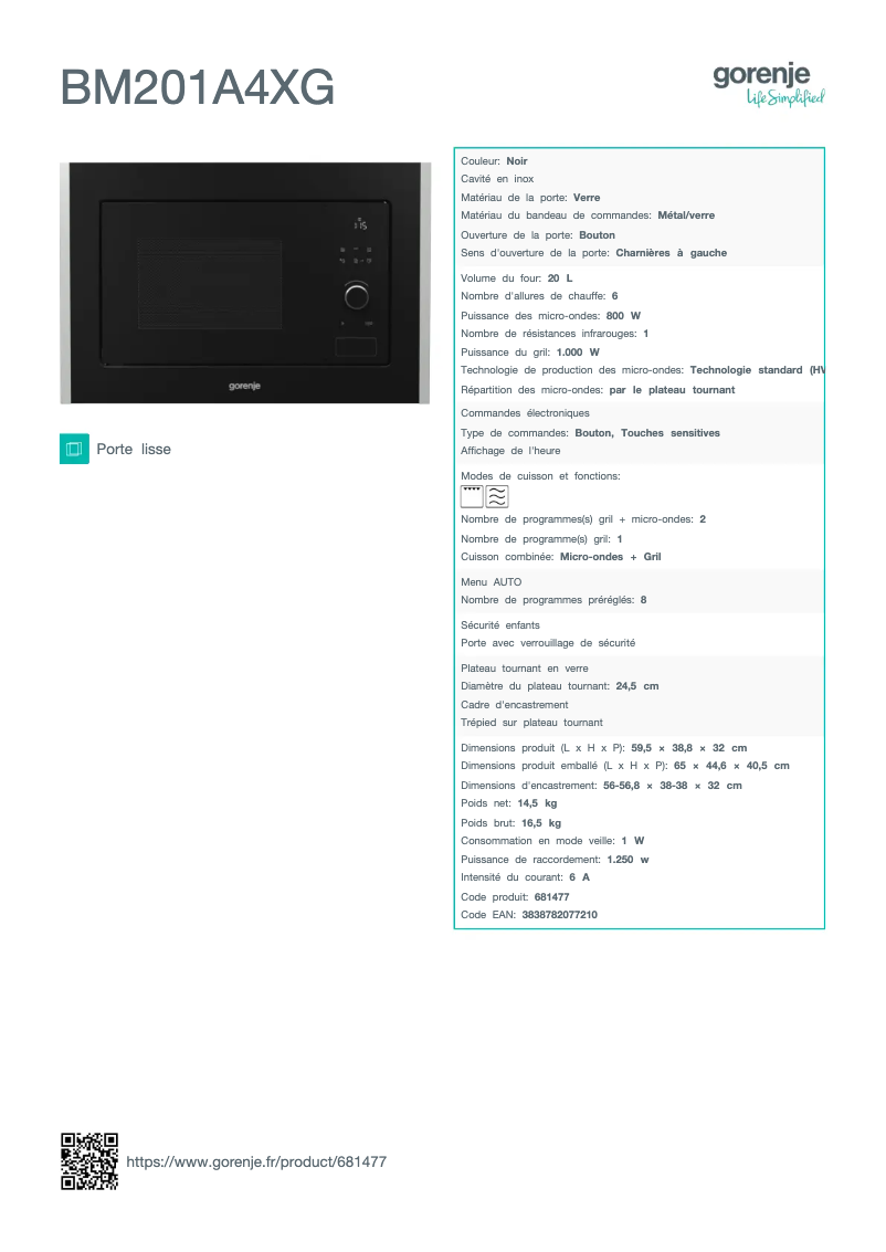Page 1 de la notice Fiche technique Gorenje BM201A4XG