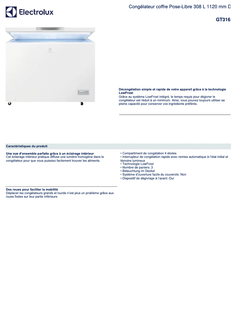 Page 1 de la notice Fiche technique Electrolux GT316