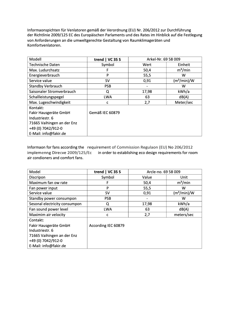 Page 1 de la notice Manuel utilisateur Fakir Trend VC 35 S