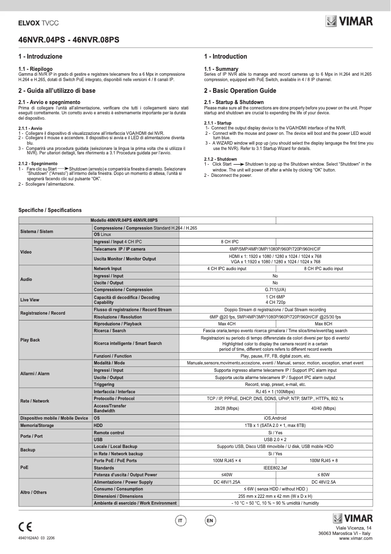 Page 1 de la notice Instructions / montage Vimar ELVOX 46NVR.04PS