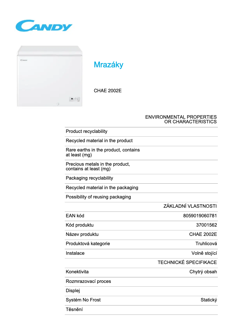 Page 1 de la notice Fiche technique Candy CHAE 2002E